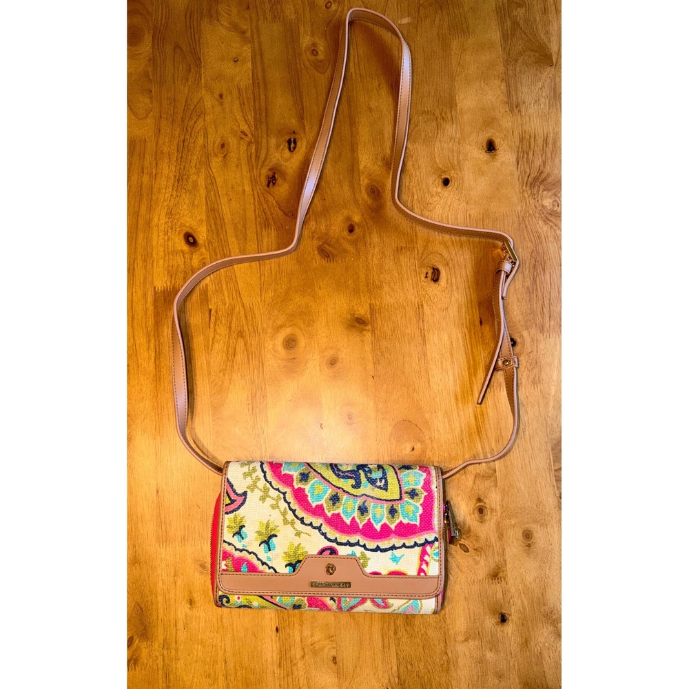 Spartina 449 Paisley Linen Leather Crossbody Wallet Bag Pink Tan Gold‎ Logo